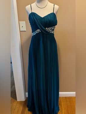 Teal Beaded Empire Waist Evening Gown